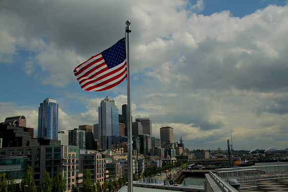 Seattle Skyline With American Flag
