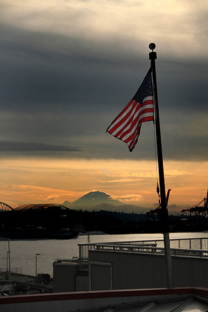 Seattle Waterfront View Of Mt. Rainier & American Flag