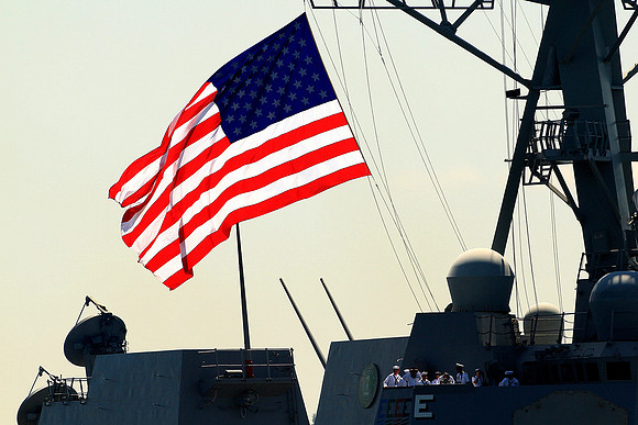 Naval Ship With American Flag